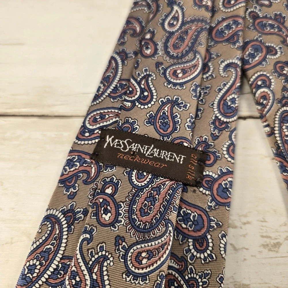 Yves Saint Laurent Silk Tie Lot 2 Burgundy Geometric & Taupe Paisley Vintage YSL